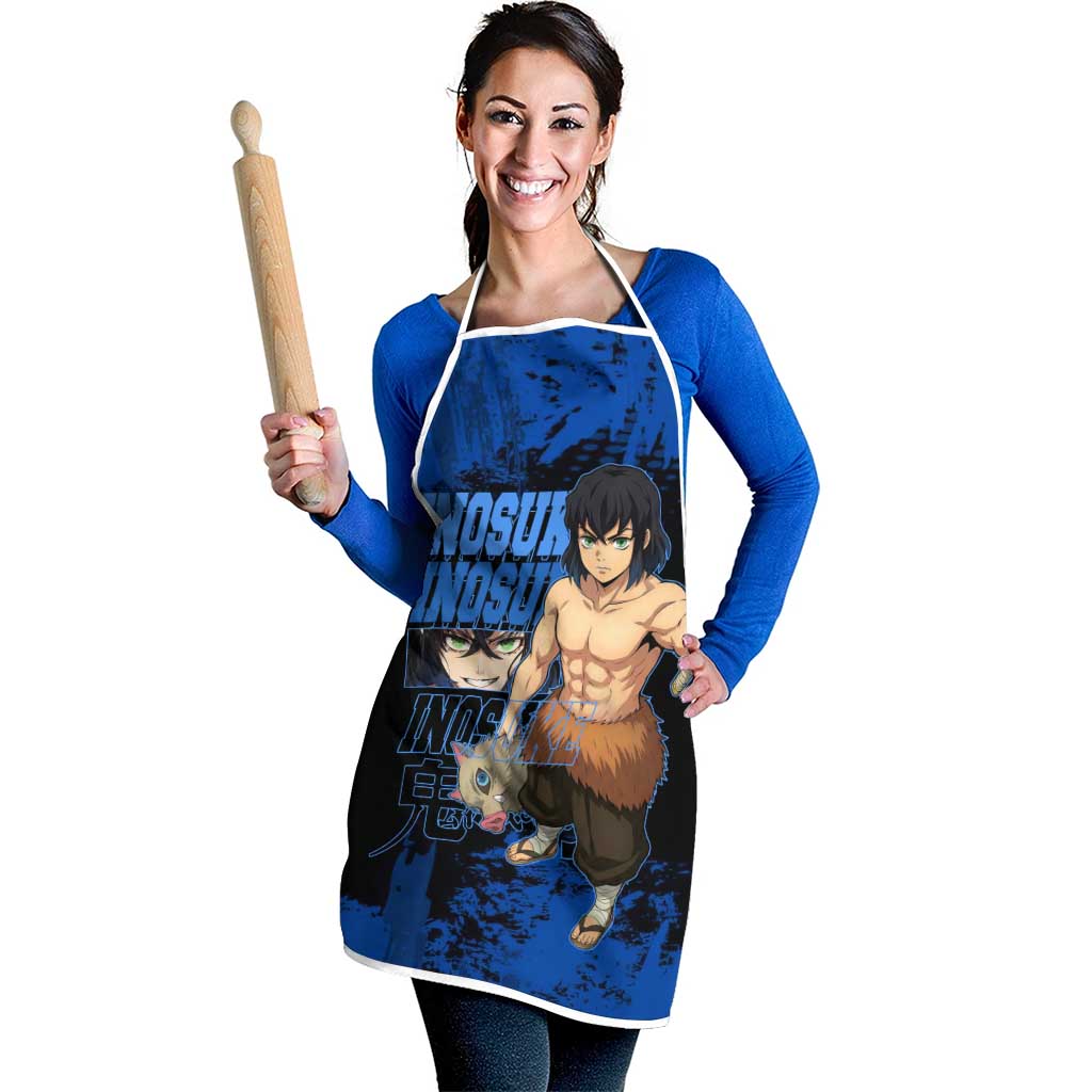Inosuke Hashibira Demon Slayer Blue Grunge Design Apron with Boar Mask and Dual Sword Pose - The Mazicc