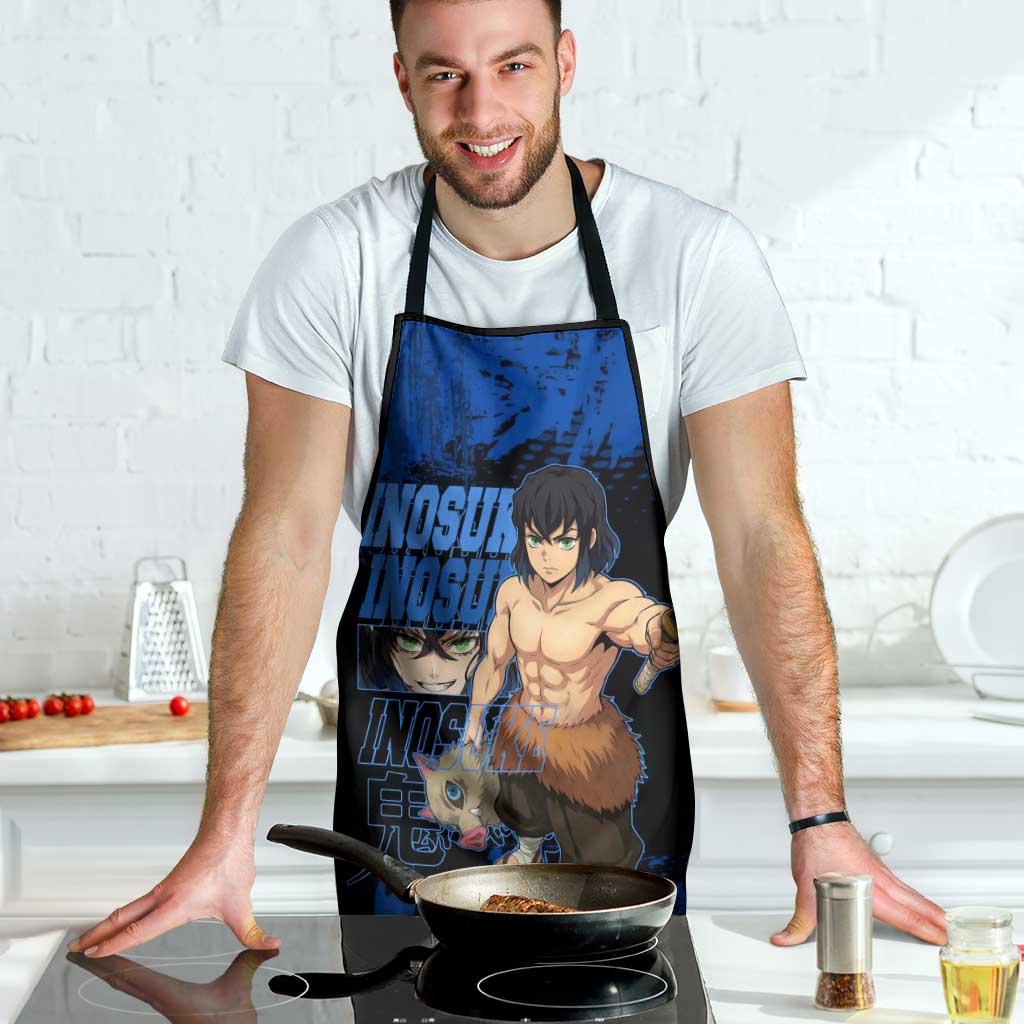 Inosuke Hashibira Demon Slayer Blue Grunge Design Apron with Boar Mask and Dual Sword Pose - The Mazicc