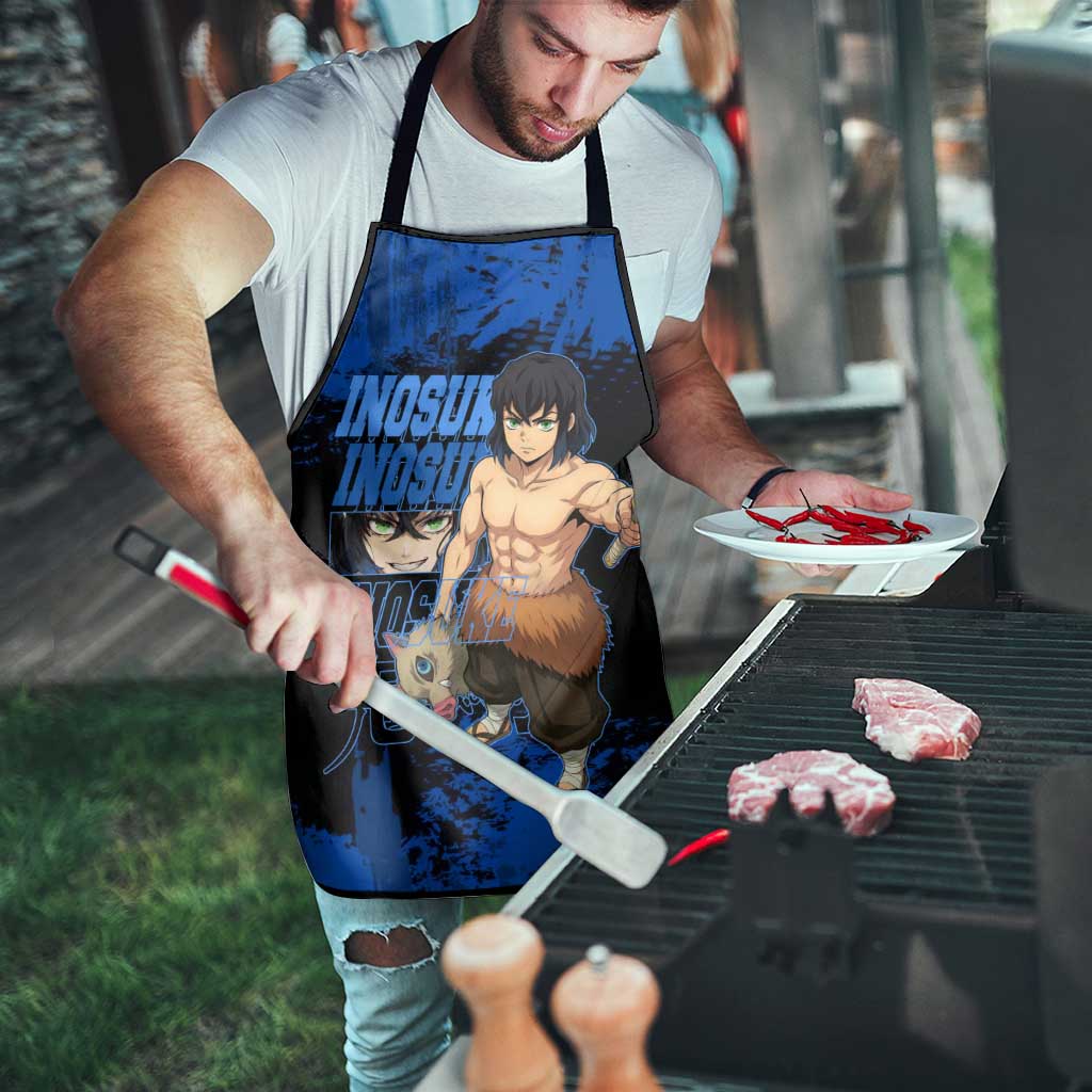 Inosuke Hashibira Demon Slayer Blue Grunge Design Apron with Boar Mask and Dual Sword Pose - The Mazicc