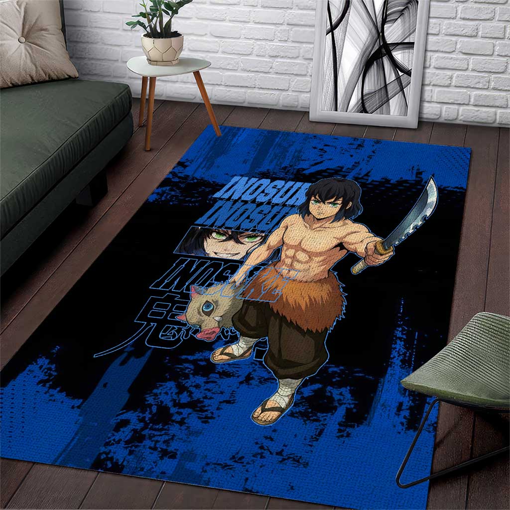 Inosuke Hashibira Demon Slayer Blue Grunge Design Area Rug with Boar Mask and Dual Sword Pose - The Mazicc