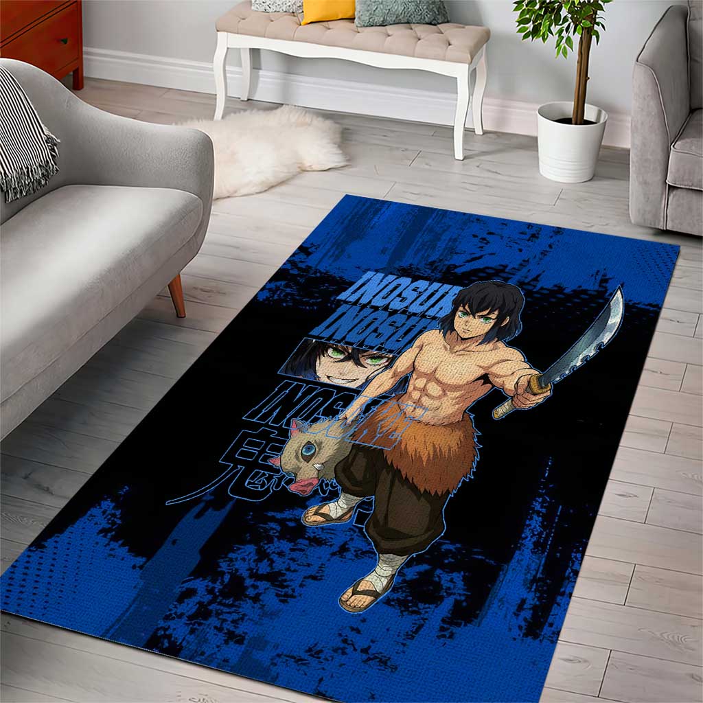 Inosuke Hashibira Demon Slayer Blue Grunge Design Area Rug with Boar Mask and Dual Sword Pose - The Mazicc