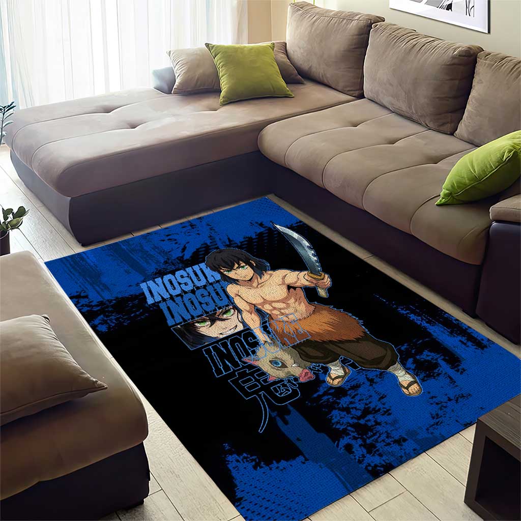 Inosuke Hashibira Demon Slayer Blue Grunge Design Area Rug with Boar Mask and Dual Sword Pose - The Mazicc