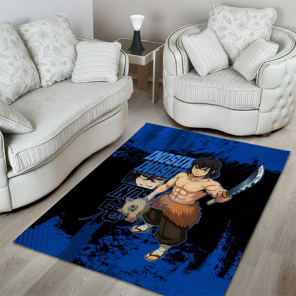 Inosuke Hashibira Demon Slayer Blue Grunge Design Area Rug with Boar Mask and Dual Sword Pose - The Mazicc