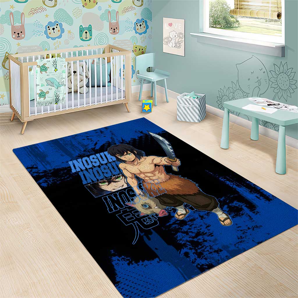 Inosuke Hashibira Demon Slayer Blue Grunge Design Area Rug with Boar Mask and Dual Sword Pose - The Mazicc
