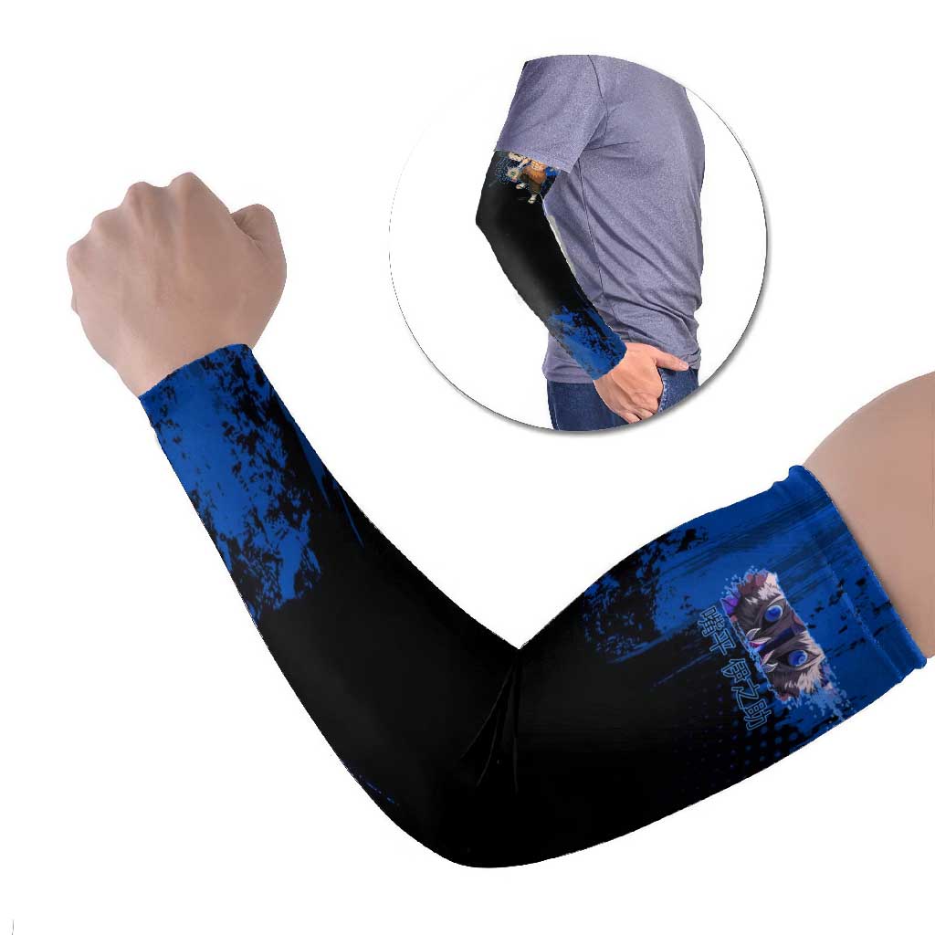 Inosuke Hashibira Demon Slayer Blue Grunge Design Arm Sleeves with Boar Mask and Dual Sword Pose - The Mazicc