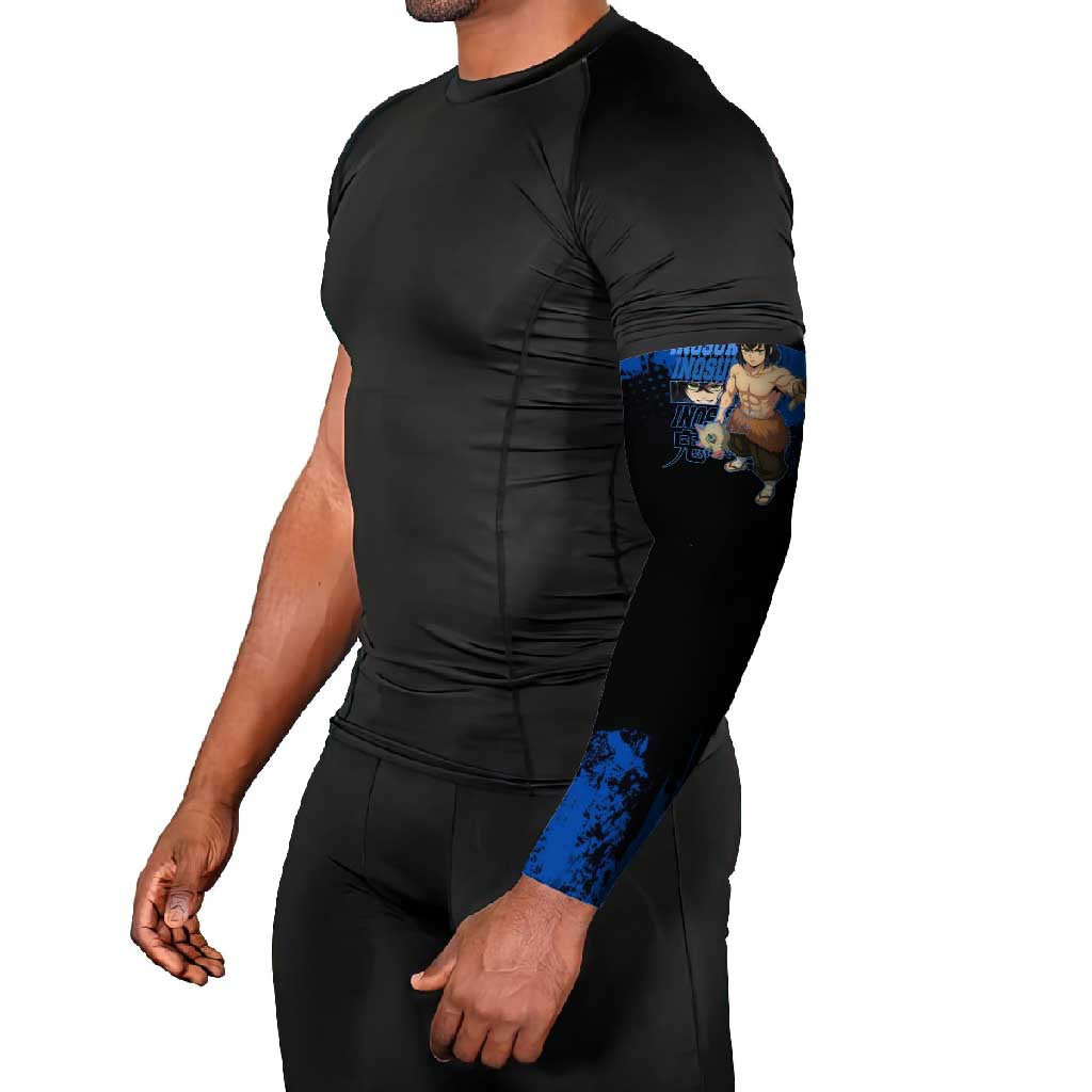 Inosuke Hashibira Demon Slayer Blue Grunge Design Arm Sleeves with Boar Mask and Dual Sword Pose - The Mazicc