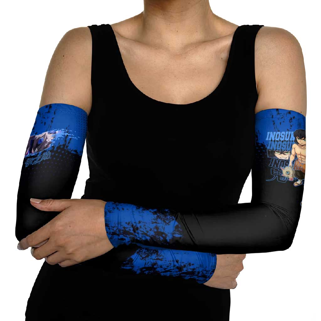 Inosuke Hashibira Demon Slayer Blue Grunge Design Arm Sleeves with Boar Mask and Dual Sword Pose - The Mazicc