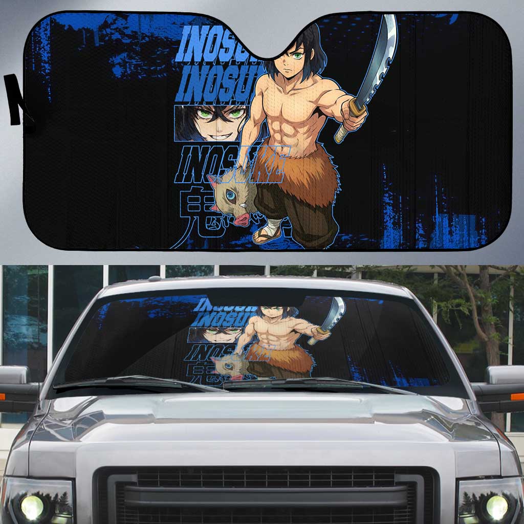 Inosuke Hashibira Demon Slayer Blue Grunge Design Auto Sun Shade with Boar Mask and Dual Sword Pose - The Mazicc