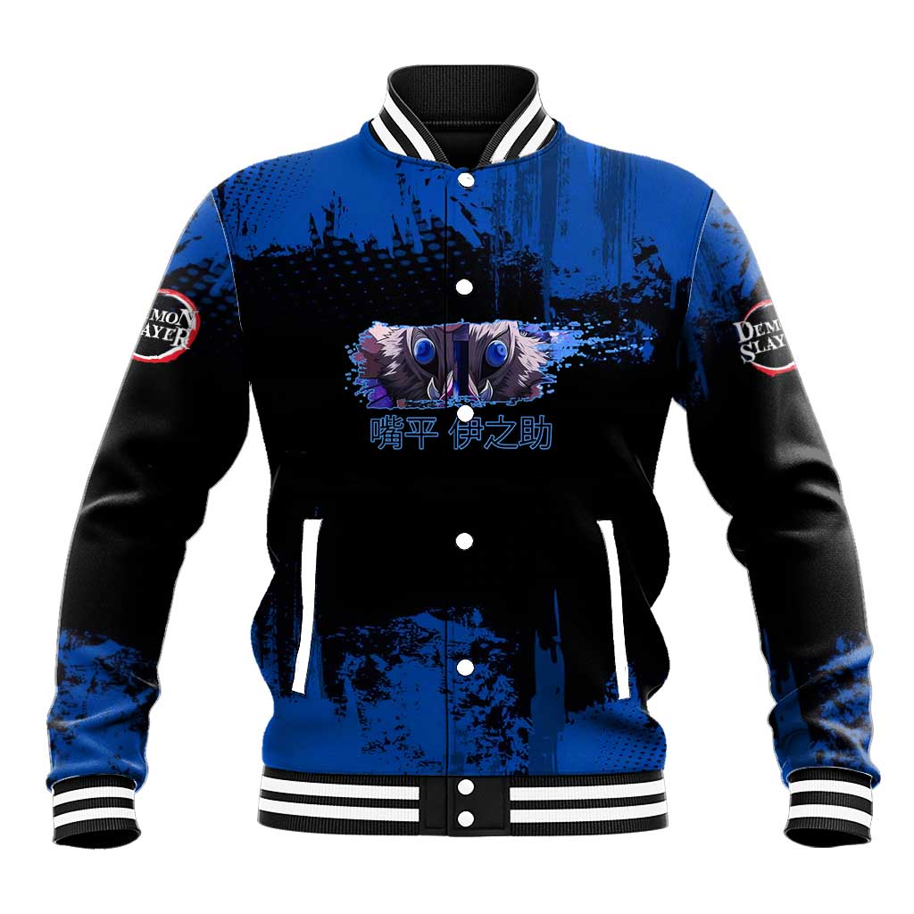 Inosuke Hashibira Demon Slayer Blue Grunge Design Baseball Jacket with Boar Mask and Dual Sword Pose - The Mazicc