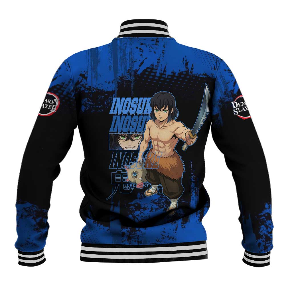 Inosuke Hashibira Demon Slayer Blue Grunge Design Baseball Jacket with Boar Mask and Dual Sword Pose - The Mazicc