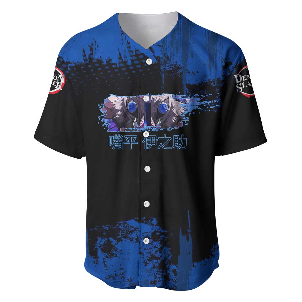Inosuke Hashibira Demon Slayer Blue Grunge Design Baseball Jersey with Boar Mask and Dual Sword Pose - The Mazicc