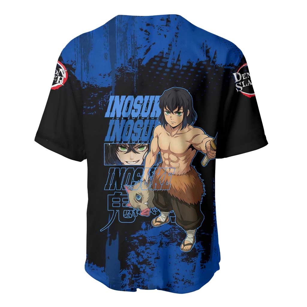 Inosuke Hashibira Demon Slayer Blue Grunge Design Baseball Jersey with Boar Mask and Dual Sword Pose - The Mazicc