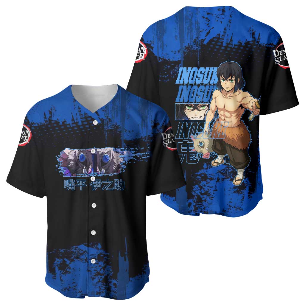Inosuke Hashibira Demon Slayer Blue Grunge Design Baseball Jersey with Boar Mask and Dual Sword Pose - The Mazicc