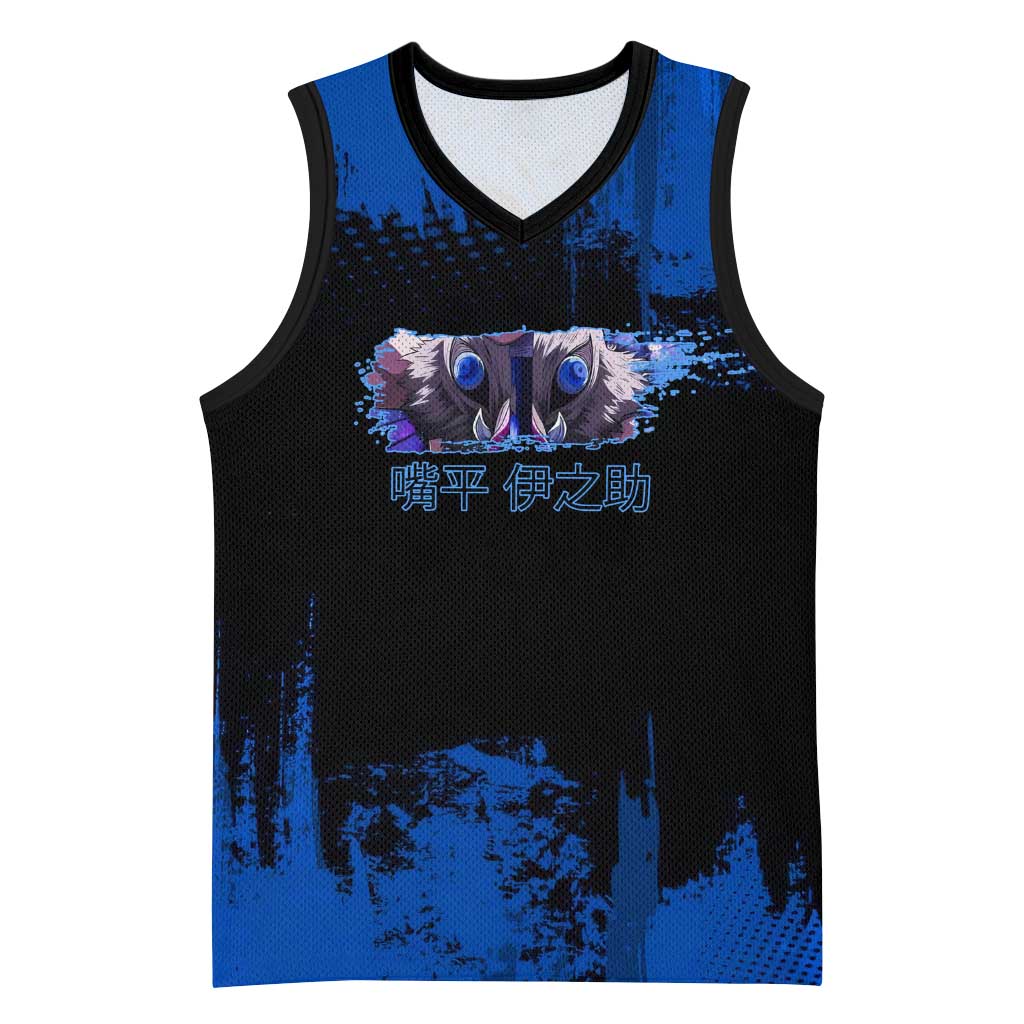 Inosuke Hashibira Demon Slayer Blue Grunge Design Basketball Jersey with Boar Mask and Dual Sword Pose - The Mazicc