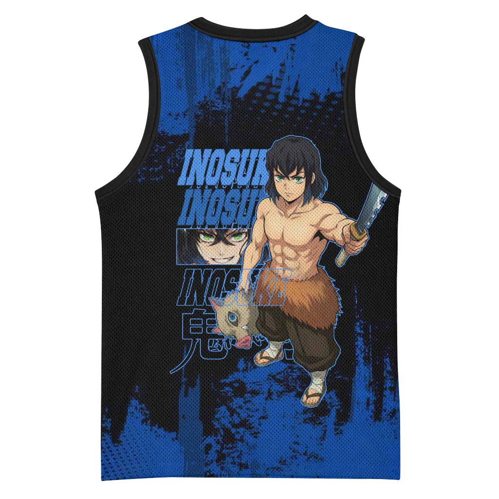 Inosuke Hashibira Demon Slayer Blue Grunge Design Basketball Jersey with Boar Mask and Dual Sword Pose - The Mazicc