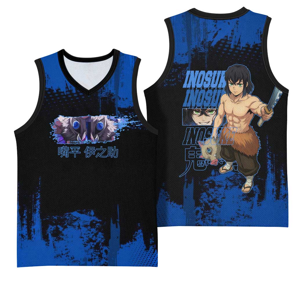 Inosuke Hashibira Demon Slayer Blue Grunge Design Basketball Jersey with Boar Mask and Dual Sword Pose - The Mazicc