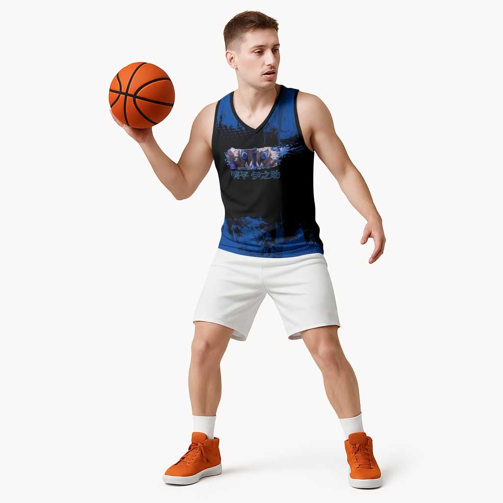 Inosuke Hashibira Demon Slayer Blue Grunge Design Basketball Jersey with Boar Mask and Dual Sword Pose - The Mazicc