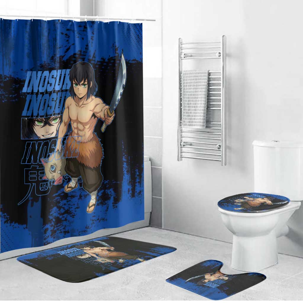 Inosuke Hashibira Demon Slayer Blue Grunge Design Bathroom Set with Boar Mask and Dual Sword Pose - The Mazicc