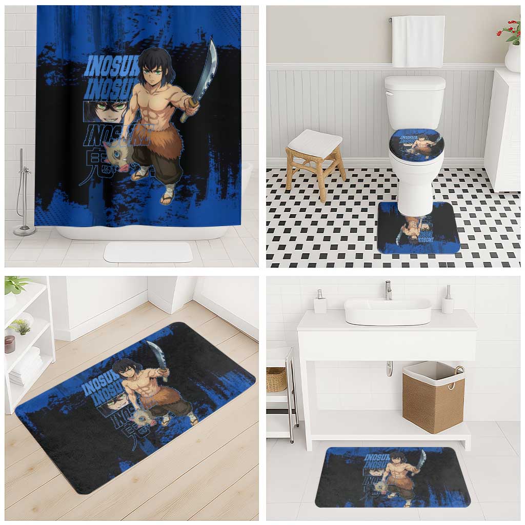 Inosuke Hashibira Demon Slayer Blue Grunge Design Bathroom Set with Boar Mask and Dual Sword Pose - The Mazicc
