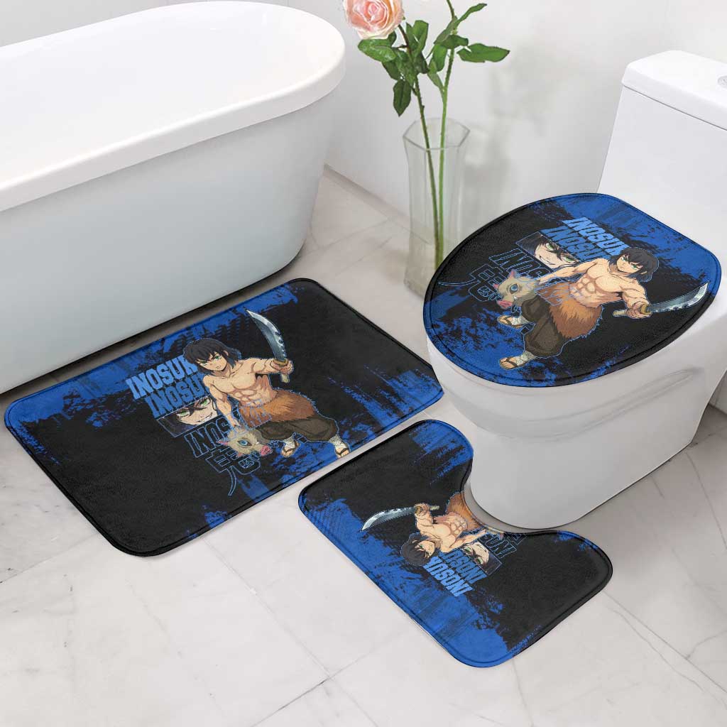 Inosuke Hashibira Demon Slayer Blue Grunge Design Bathroom Set with Boar Mask and Dual Sword Pose - The Mazicc