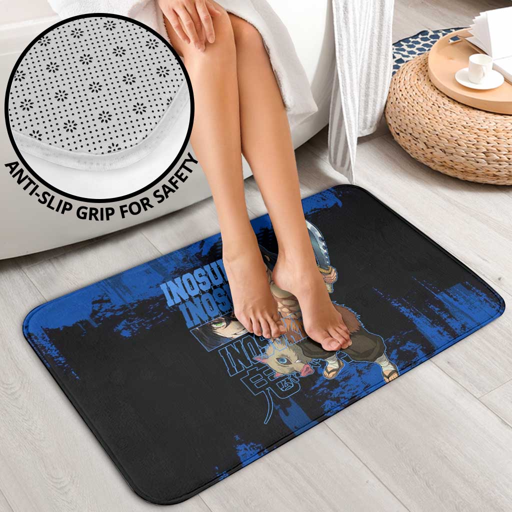 Inosuke Hashibira Demon Slayer Blue Grunge Design Bathroom Set with Boar Mask and Dual Sword Pose - The Mazicc