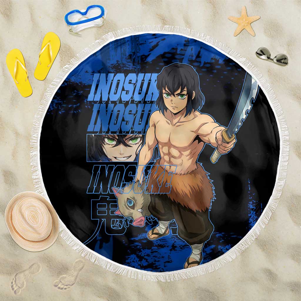 Inosuke Hashibira Demon Slayer Blue Grunge Design Beach Blanket with Boar Mask and Dual Sword Pose - The Mazicc