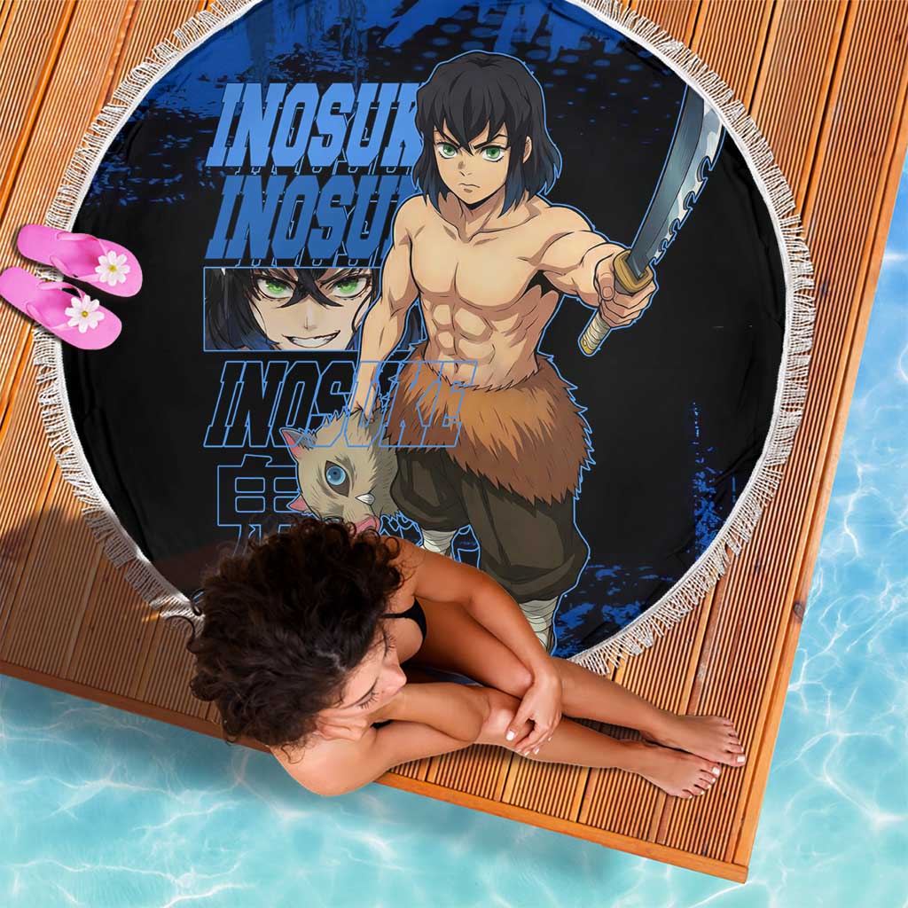 Inosuke Hashibira Demon Slayer Blue Grunge Design Beach Blanket with Boar Mask and Dual Sword Pose - The Mazicc