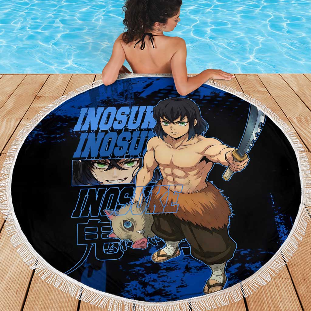 Inosuke Hashibira Demon Slayer Blue Grunge Design Beach Blanket with Boar Mask and Dual Sword Pose - The Mazicc