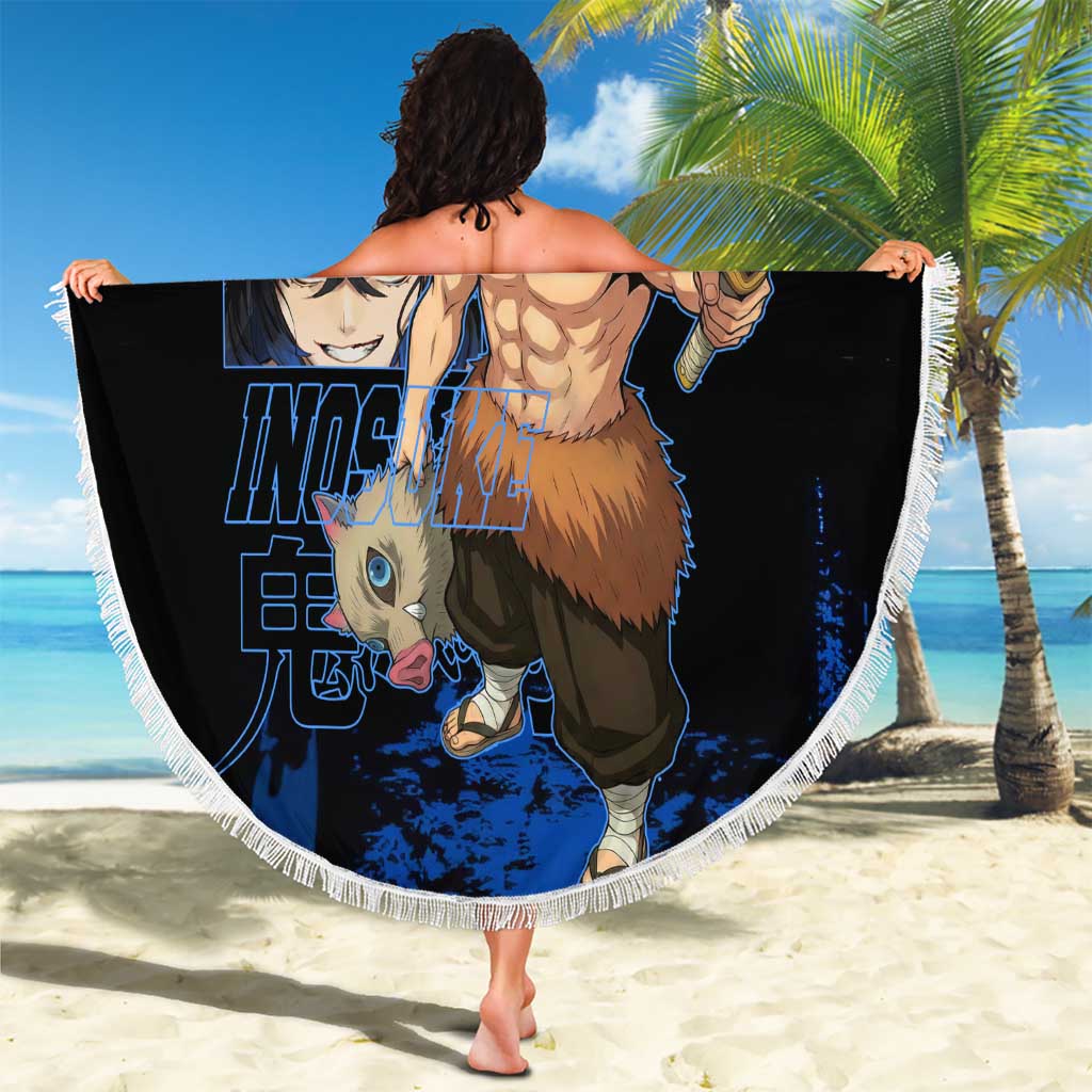 Inosuke Hashibira Demon Slayer Blue Grunge Design Beach Blanket with Boar Mask and Dual Sword Pose - The Mazicc