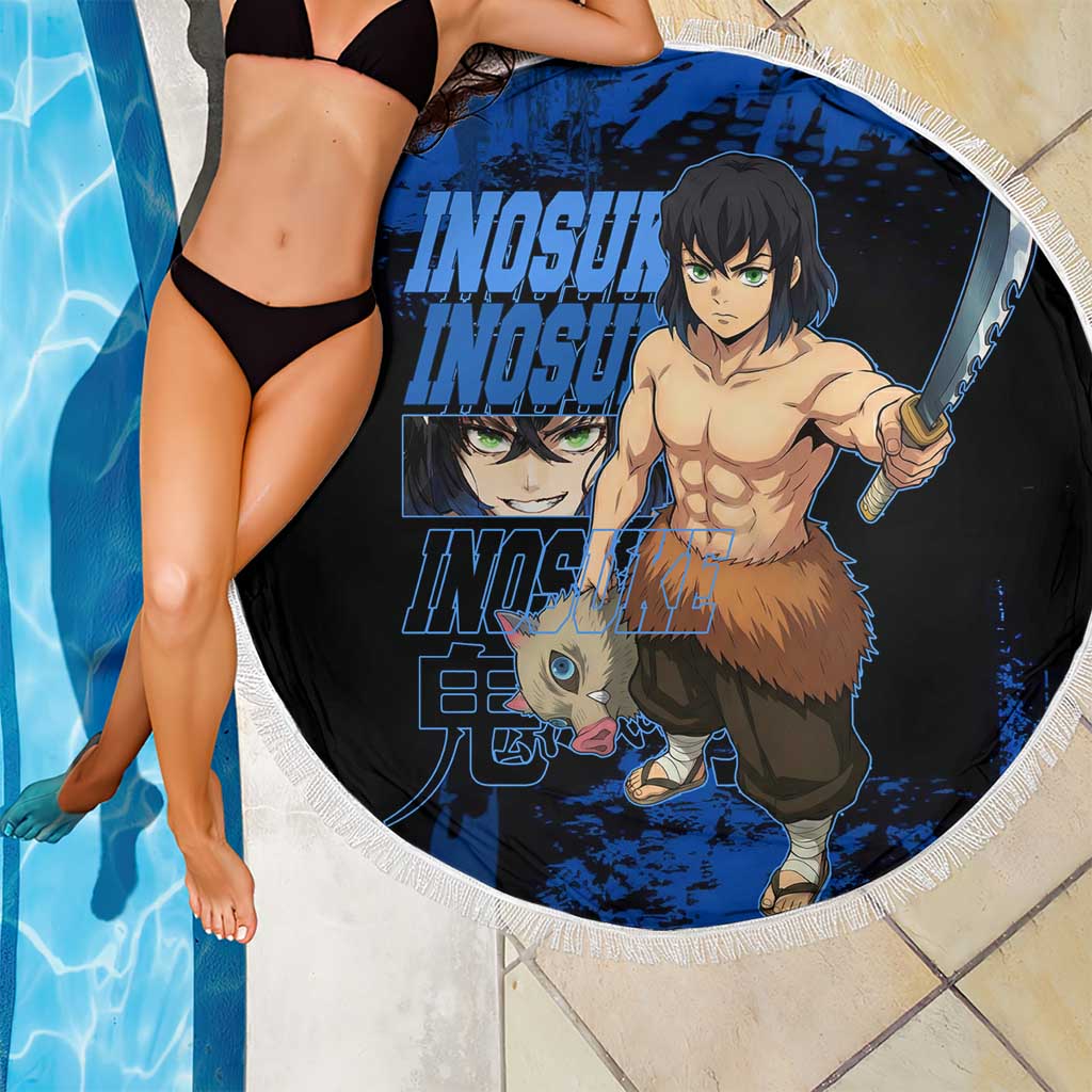 Inosuke Hashibira Demon Slayer Blue Grunge Design Beach Blanket with Boar Mask and Dual Sword Pose - The Mazicc