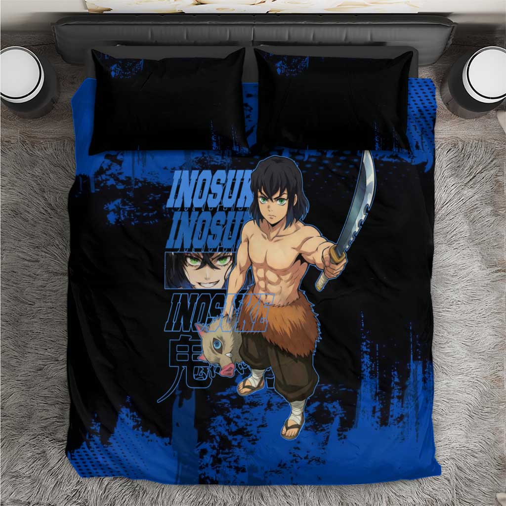 Inosuke Hashibira Demon Slayer Blue Grunge Design Bedding Set with Boar Mask and Dual Sword Pose - The Mazicc
