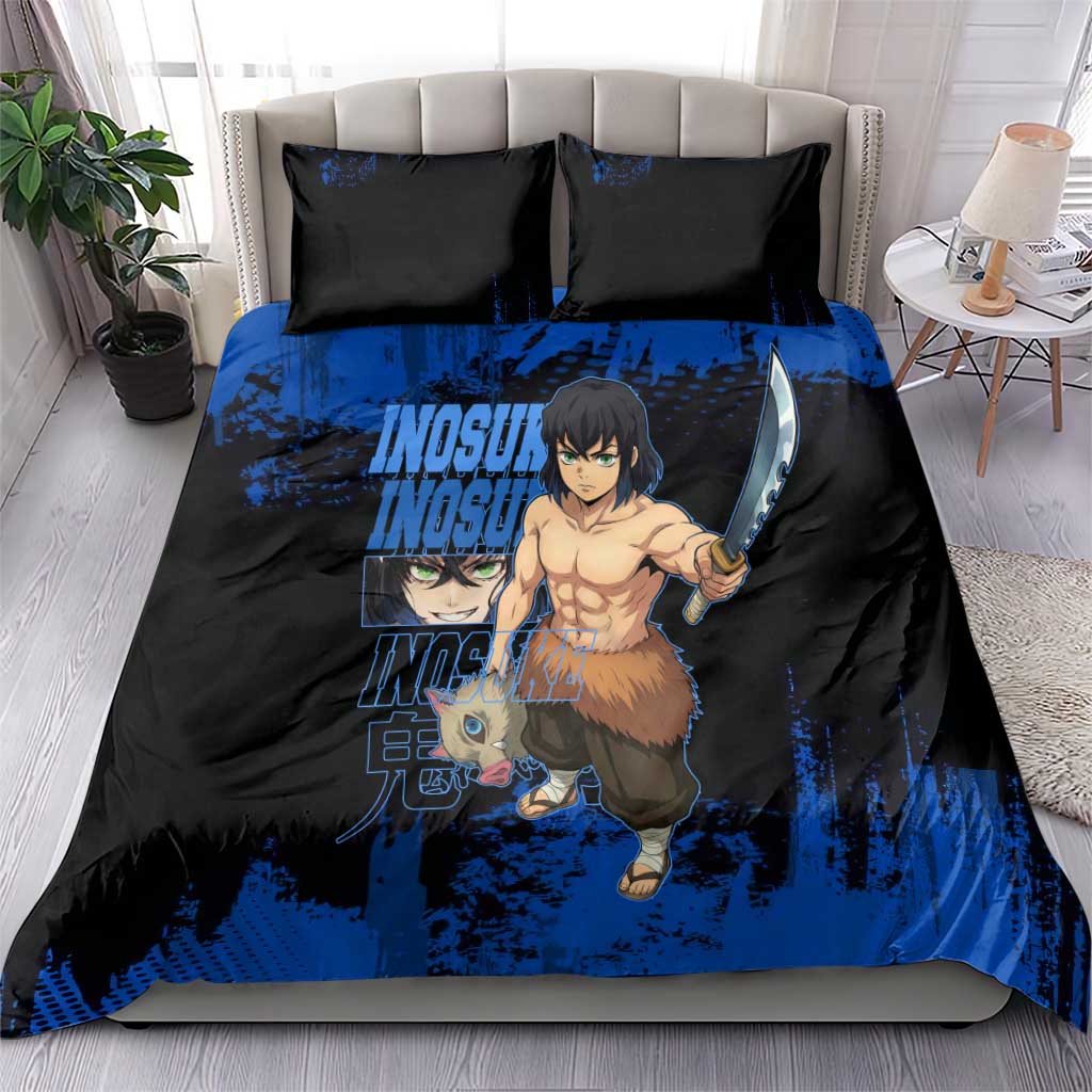 Inosuke Hashibira Demon Slayer Blue Grunge Design Bedding Set with Boar Mask and Dual Sword Pose - The Mazicc