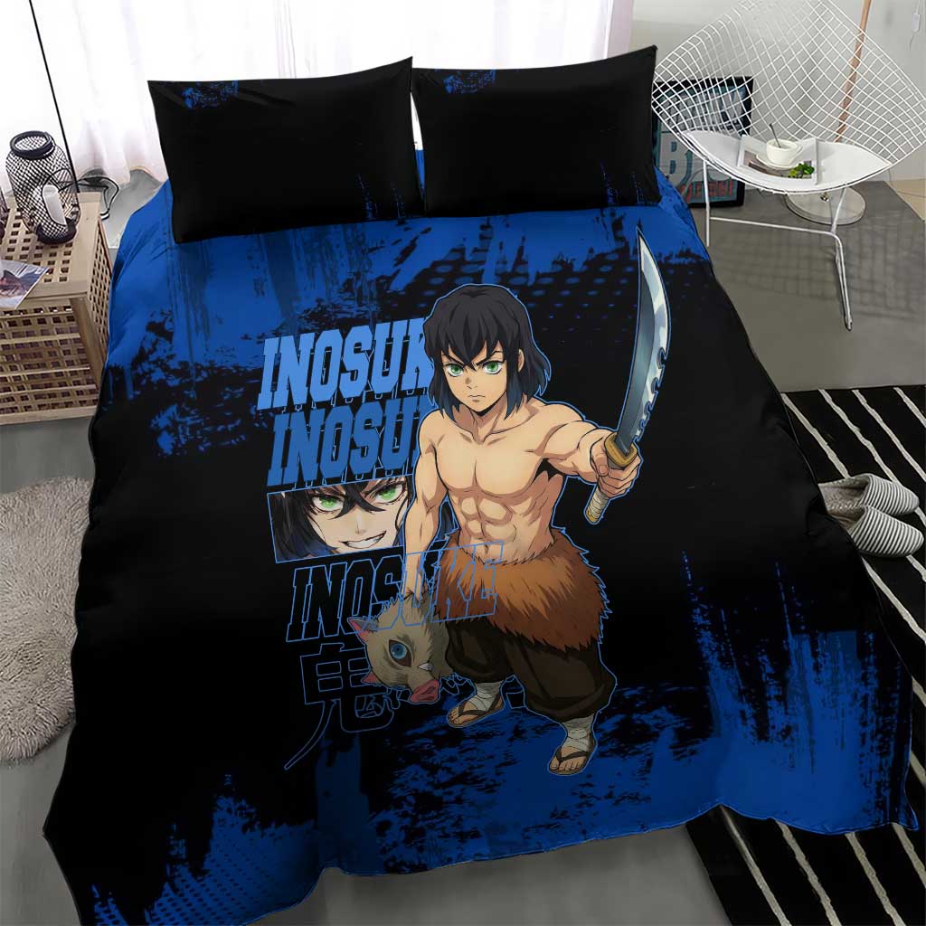 Inosuke Hashibira Demon Slayer Blue Grunge Design Bedding Set with Boar Mask and Dual Sword Pose - The Mazicc