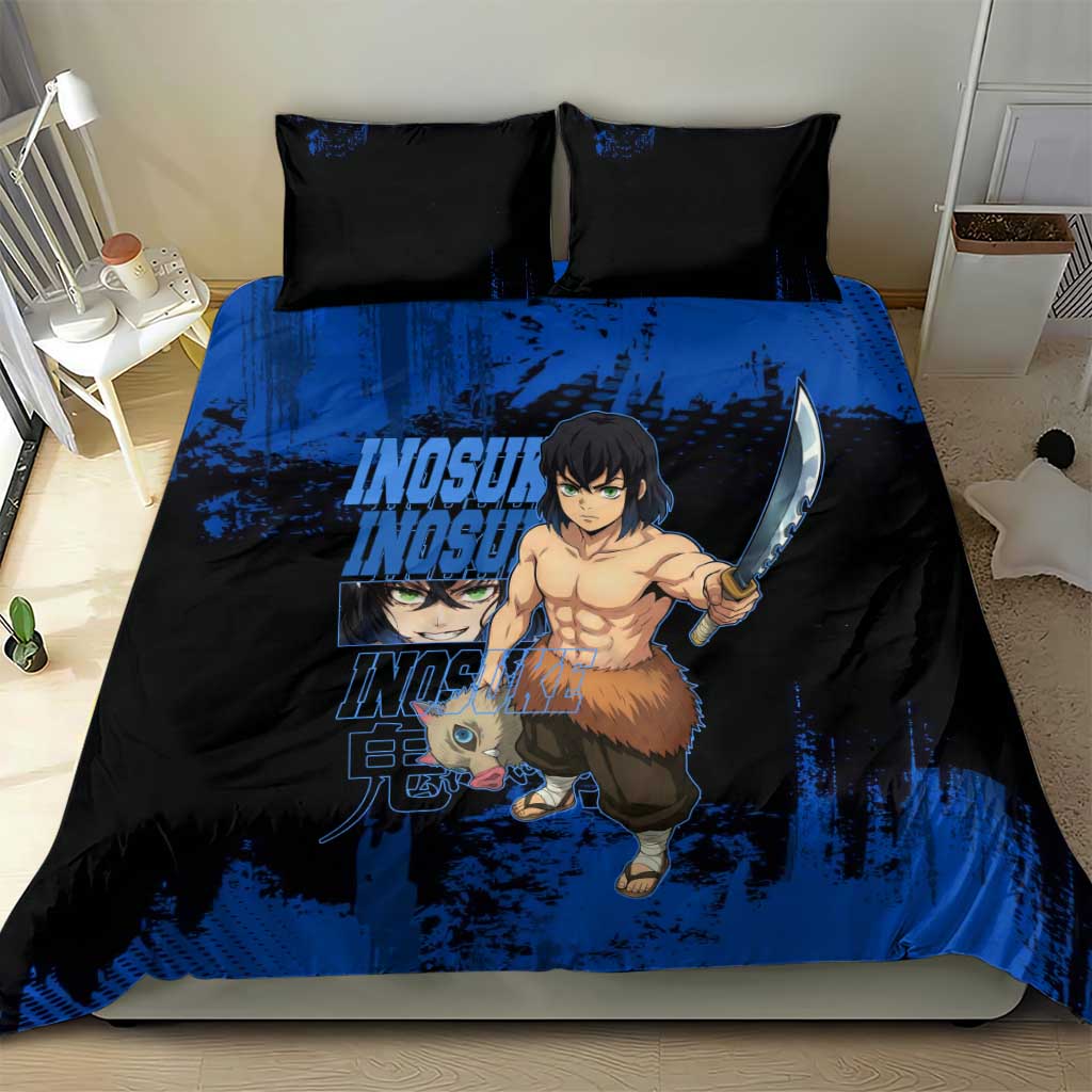Inosuke Hashibira Demon Slayer Blue Grunge Design Bedding Set with Boar Mask and Dual Sword Pose - The Mazicc