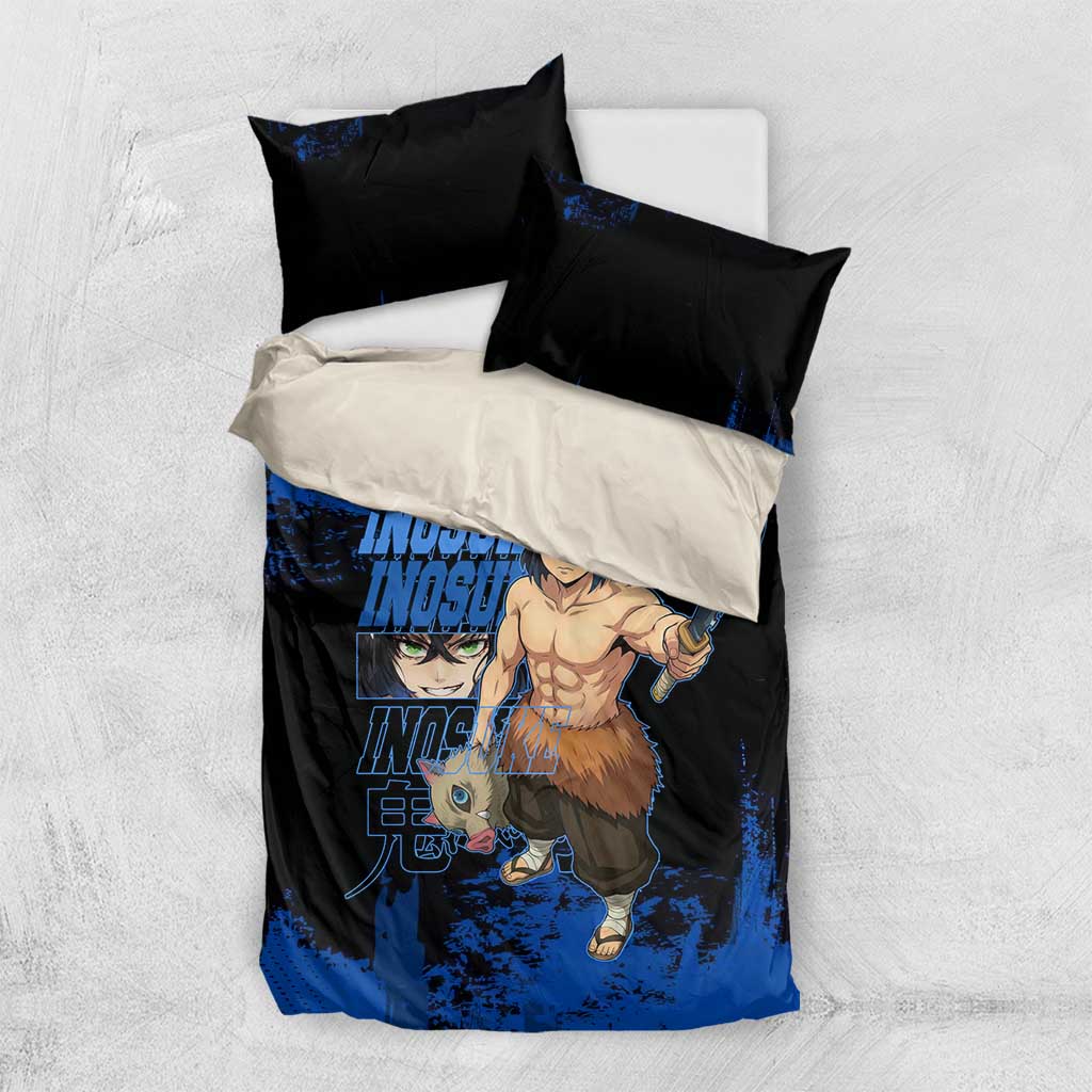Inosuke Hashibira Demon Slayer Blue Grunge Design Bedding Set with Boar Mask and Dual Sword Pose - The Mazicc