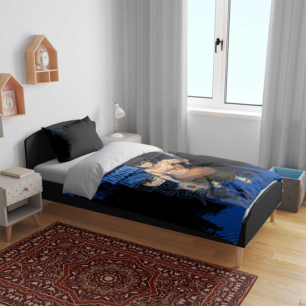 Inosuke Hashibira Demon Slayer Blue Grunge Design Bedding Set with Boar Mask and Dual Sword Pose - The Mazicc