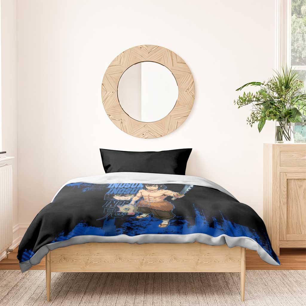 Inosuke Hashibira Demon Slayer Blue Grunge Design Bedding Set with Boar Mask and Dual Sword Pose - The Mazicc