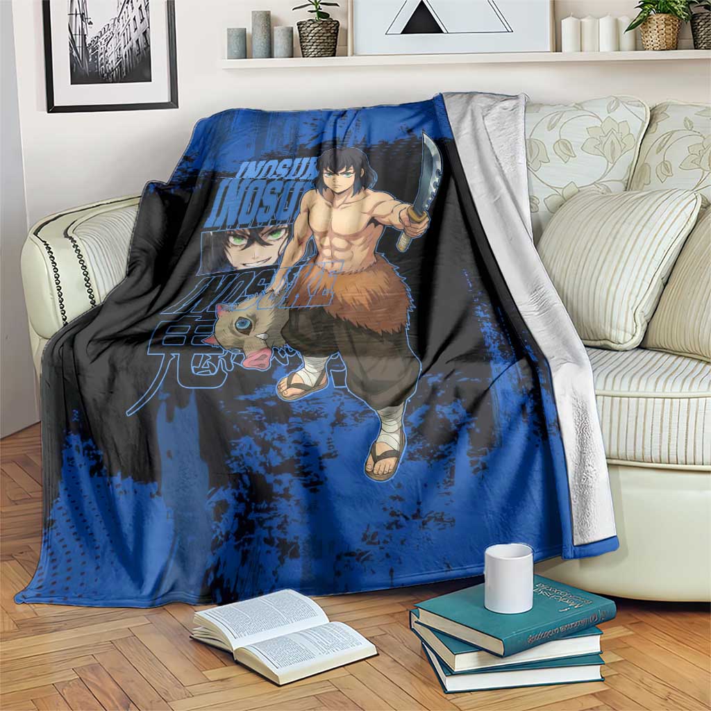 Inosuke Hashibira Demon Slayer Blue Grunge Design Blanket with Boar Mask and Dual Sword Pose - The Mazicc