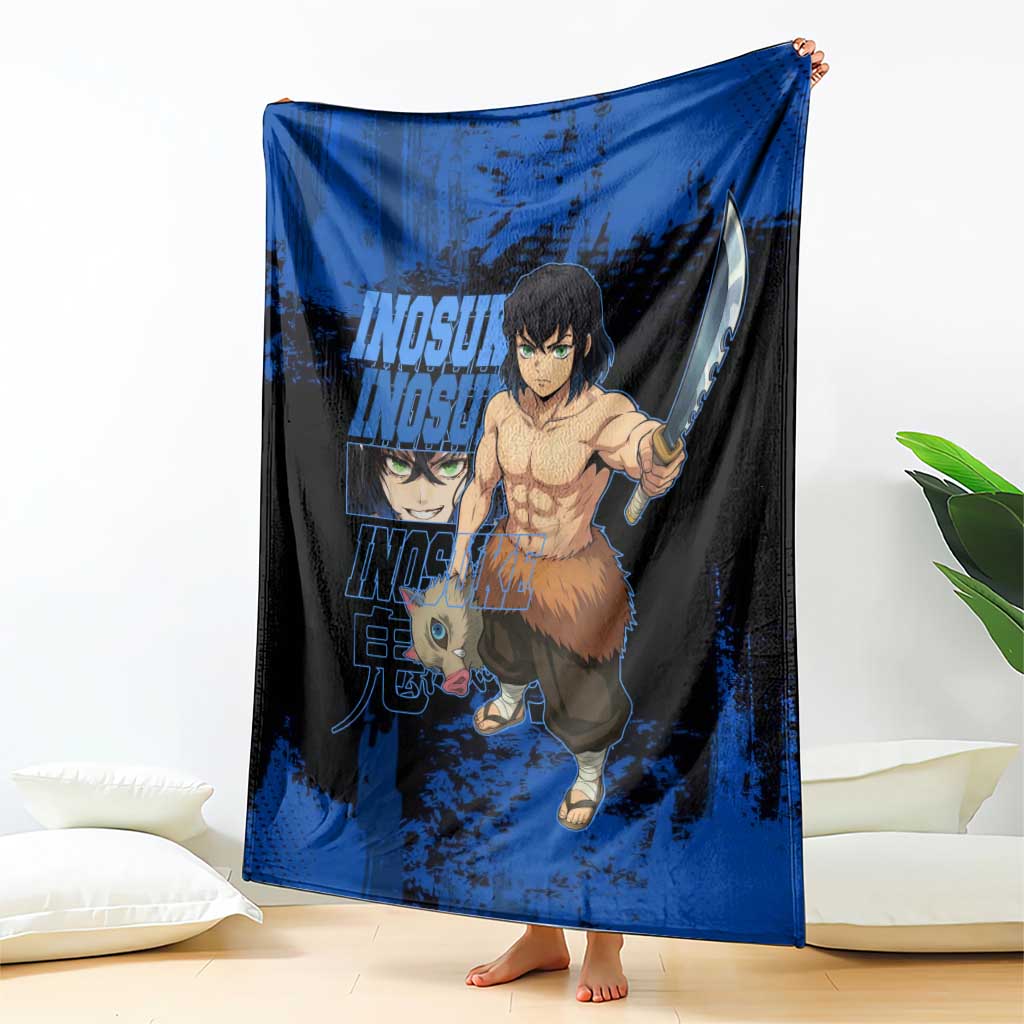 Inosuke Hashibira Demon Slayer Blue Grunge Design Blanket with Boar Mask and Dual Sword Pose - The Mazicc