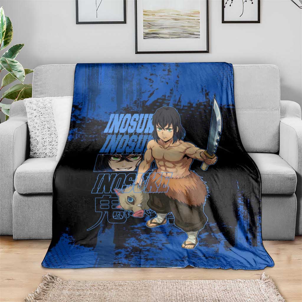 Inosuke Hashibira Demon Slayer Blue Grunge Design Blanket with Boar Mask and Dual Sword Pose - The Mazicc