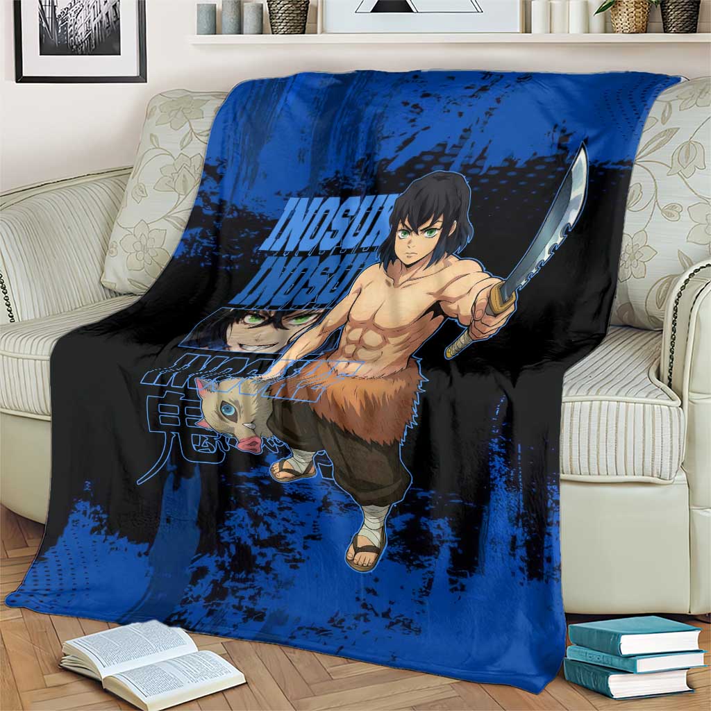Inosuke Hashibira Demon Slayer Blue Grunge Design Blanket with Boar Mask and Dual Sword Pose - The Mazicc