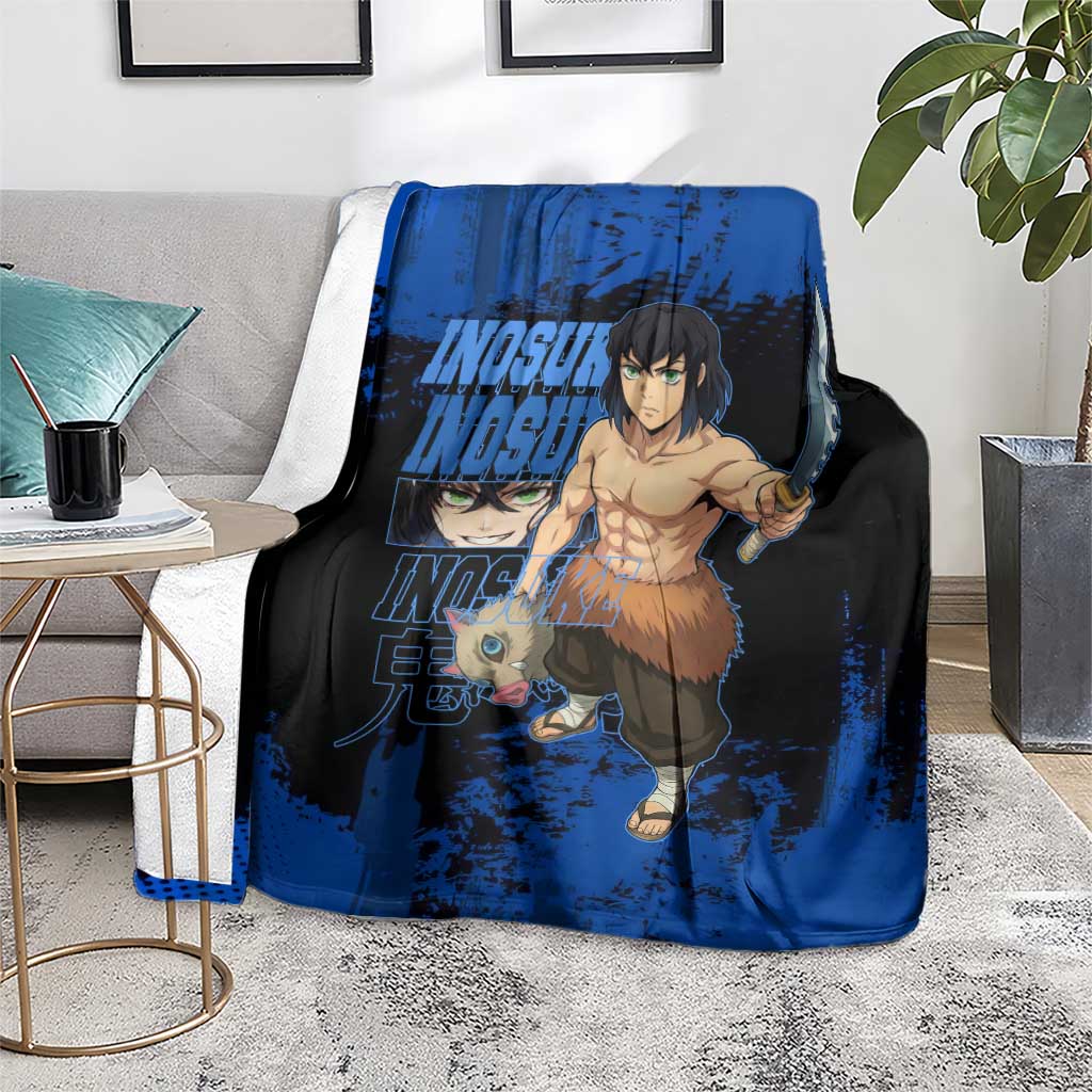 Inosuke Hashibira Demon Slayer Blue Grunge Design Blanket with Boar Mask and Dual Sword Pose - The Mazicc