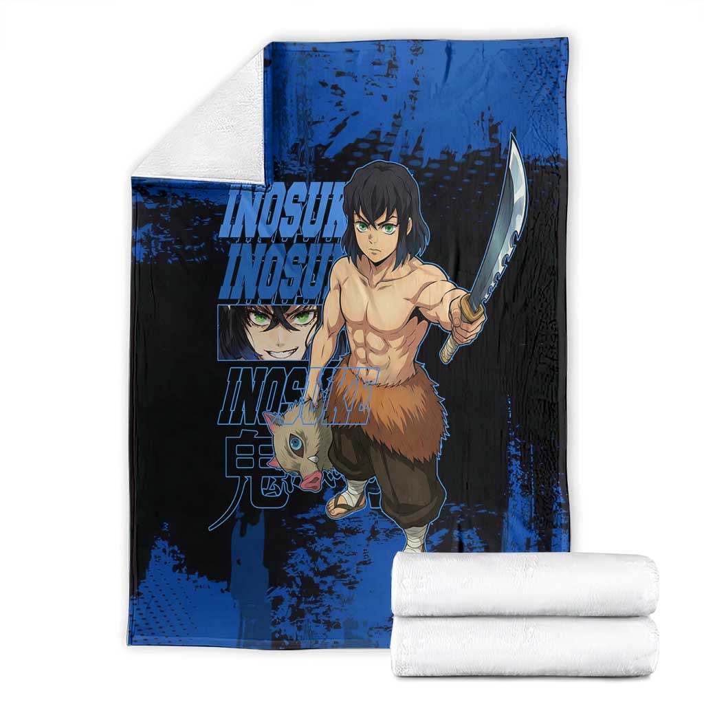 Inosuke Hashibira Demon Slayer Blue Grunge Design Blanket with Boar Mask and Dual Sword Pose - The Mazicc