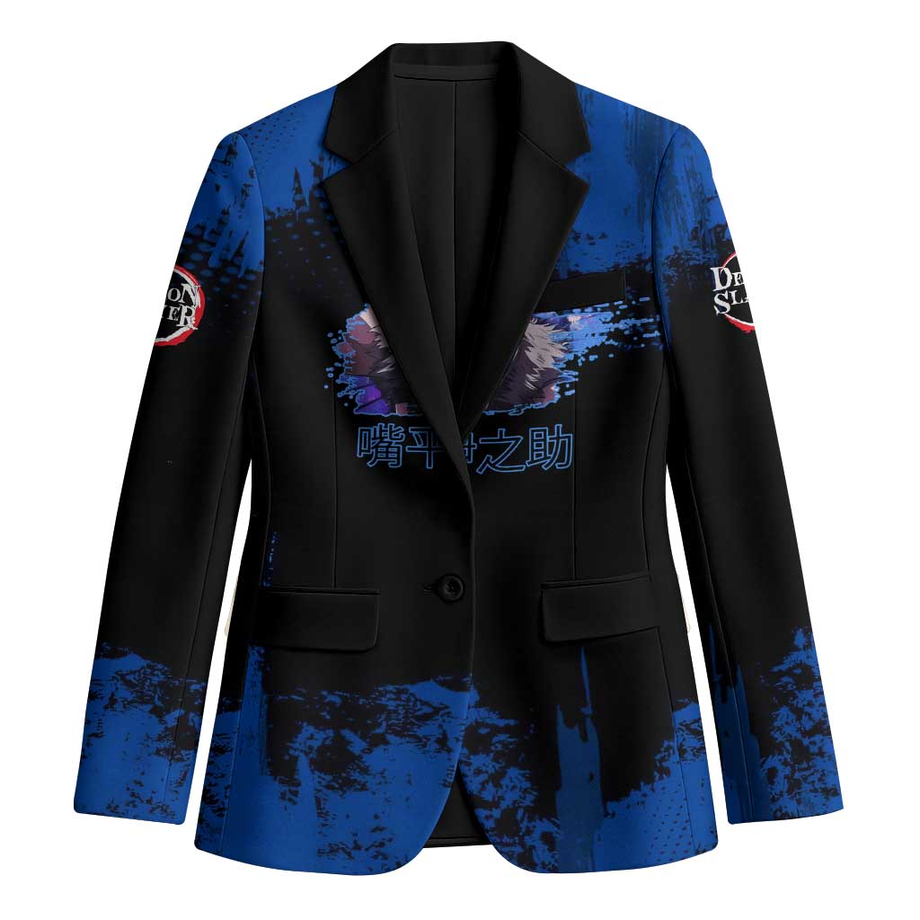 Inosuke Hashibira Demon Slayer Blue Grunge Design Blazer with Boar Mask and Dual Sword Pose - The Mazicc