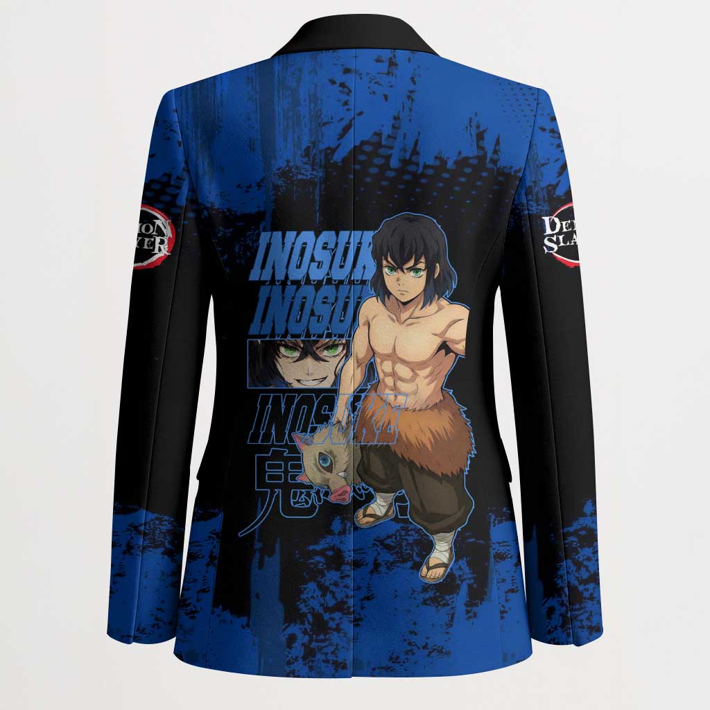 Inosuke Hashibira Demon Slayer Blue Grunge Design Blazer with Boar Mask and Dual Sword Pose - The Mazicc