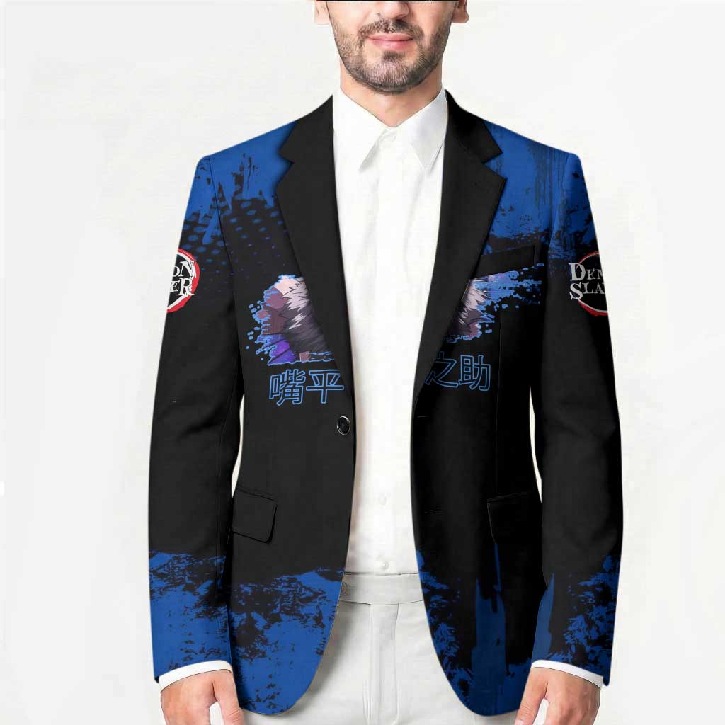Inosuke Hashibira Demon Slayer Blue Grunge Design Blazer with Boar Mask and Dual Sword Pose - The Mazicc