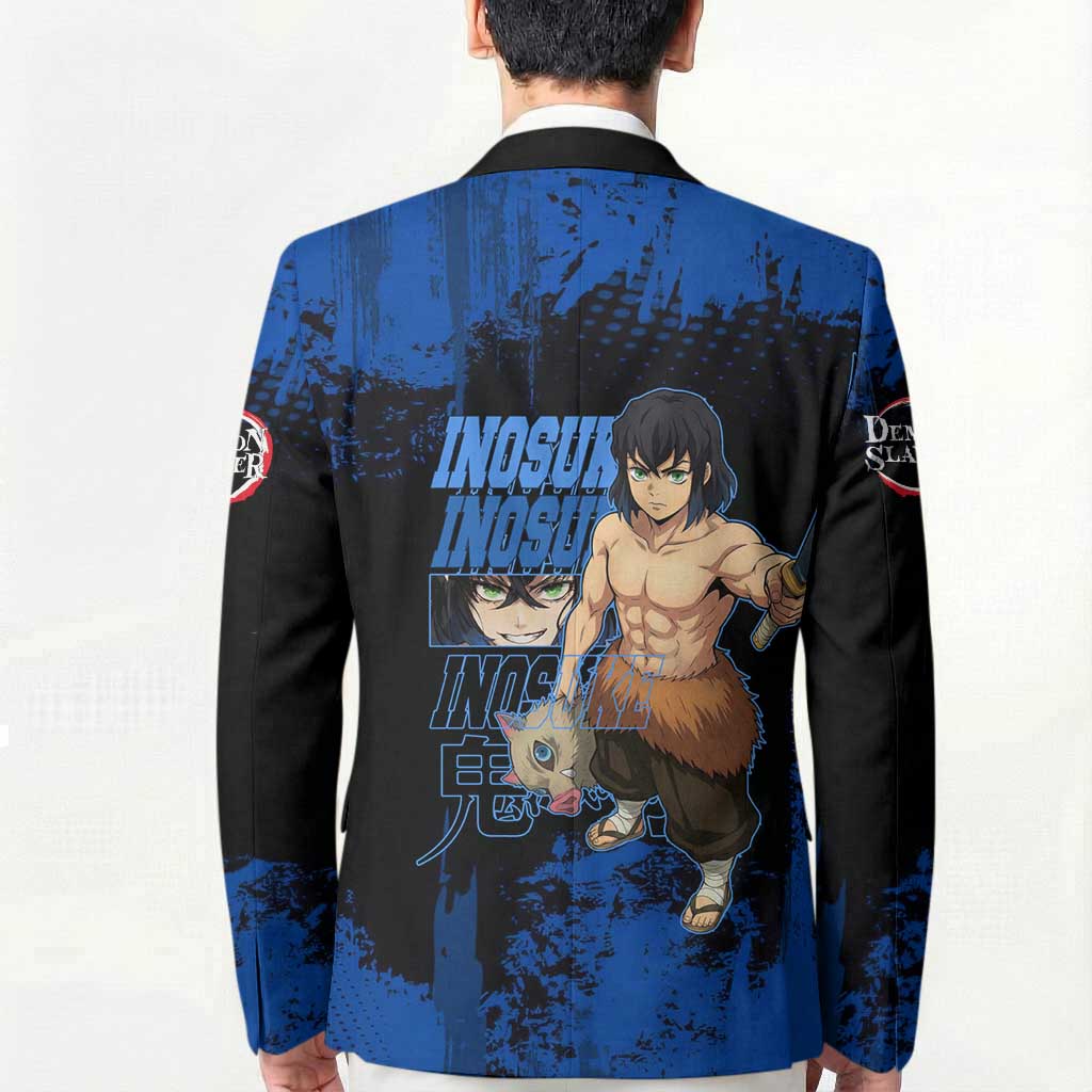Inosuke Hashibira Demon Slayer Blue Grunge Design Blazer with Boar Mask and Dual Sword Pose - The Mazicc