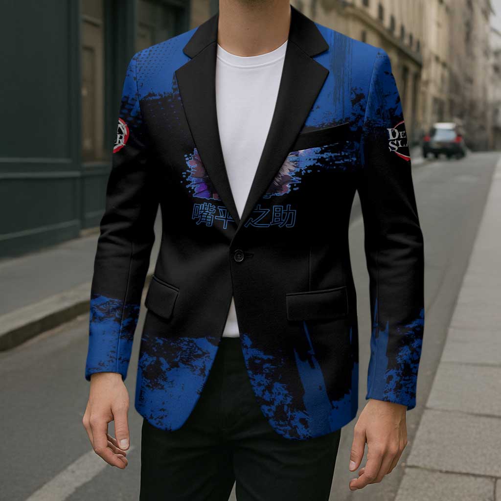 Inosuke Hashibira Demon Slayer Blue Grunge Design Blazer with Boar Mask and Dual Sword Pose - The Mazicc