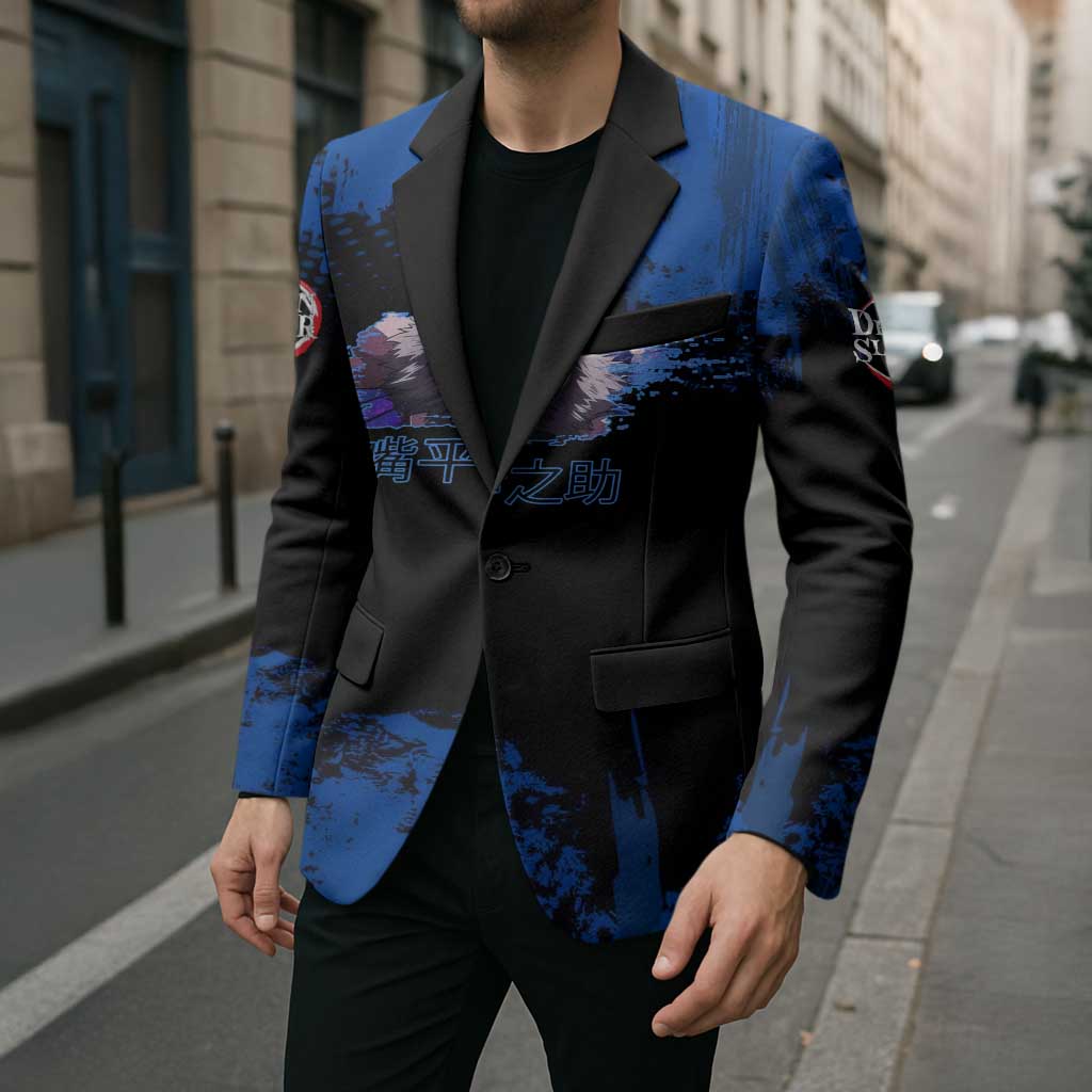 Inosuke Hashibira Demon Slayer Blue Grunge Design Blazer with Boar Mask and Dual Sword Pose - The Mazicc
