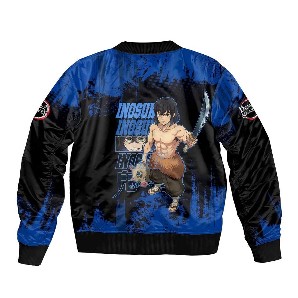Inosuke Hashibira Demon Slayer Blue Grunge Design Bomber Jacket with Boar Mask and Dual Sword Pose - The Mazicc